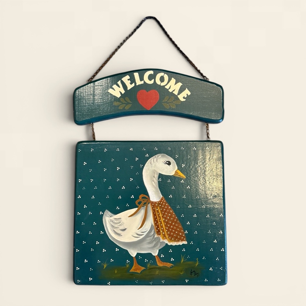Vintage 1985 Hand Painted Hanging Wood Goose Plaque Country Cottage Grandma
